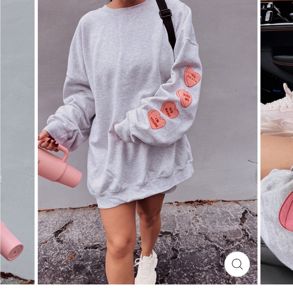 Gray Crew Neck Sweater with Heart Patches
